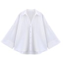 Camisa ligera de lino para mujer con cuello Mangas anchas Bajo asimétrico Cierre de botones Blusa vaporosa de material natural 1