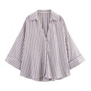 Camisa ligera de lino para mujer con cuello Mangas anchas Bajo asimétrico Cierre de botones Blusa vaporosa de material natural 6