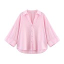 Camisa ligera de lino para mujer con cuello Mangas anchas Bajo asimétrico Cierre de botones Blusa vaporosa de material natural 3