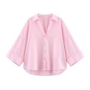 Camisa ligera de lino para mujer con cuello Mangas anchas Bajo asimétrico Cierre de botones Blusa vaporosa de material natural 3