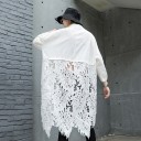 Camisa longa feminina com gola alta e mangas longas Costas em renda com padrão floral Bolsos com aba Bainha assimétrica Algodão e poliéster 5