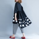 Camisa oversized feminina com estampado de quadrados brancos Preto Abertura assimétrica com parte traseira mais longa Manga até ao cotovelo Bolsos 4