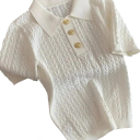 Camisa polo de mujer beige Tejido de punto Escote en V con cuello y botones Top de viscosa de un solo color 4