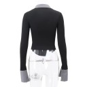 Camisa polo de mujer de manga larga negra con escote en V, cuello y botones, top de poliéster 2