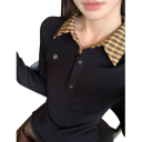 Camisa polo feminina de manga longa em preto com decote em V, colarinho e botões, top em poliéster 2