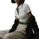 Camisa Polo Feminina Decote em V Manga Curta Gola Botões Lisa Poliéster Confortável Verão Elegante Casual Top 3