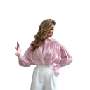 Camisa transparente de mujer de manga larga Blusa de poliéster de un solo color con mangas acampanadas y cuello Top elegante con botones 6