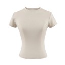 Camiseta ajustada de manga corta para mujer Escote redondo sencillo Elegante top elástico para uso casual Camiseta de corte ajustado a la moda 10