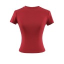 Camiseta ajustada de manga corta para mujer Escote redondo sencillo Elegante top elástico para uso casual Camiseta de corte ajustado a la moda 3
