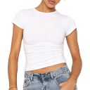 Camiseta curta com decote redondo Ajuste justo Material de algodão Top básico simples para o verão Camiseta da moda para calças e saias 2