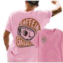 Camiseta de hombre con estampado marrón de casco de motociclista y el texto Caffeine & Gasoline en la espalda y en el pecho con manga corta 9