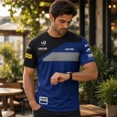 Camiseta de hombre de manga corta con hombros negros, franja diagonal gris y estampado estilo maillot de carrera de carretera en azul y negro 6