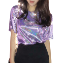 Camiseta de manga corta brillante para mujer Corte holgado Top brillante con escote redondo Camiseta de moda para fiestas y uso diario 2