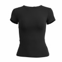 Camiseta de manga corta para mujer, ajustada, elástica, con cuello redondo, moderna, de color liso, ajustada, ropa de moda. 3