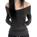 Camiseta de manga larga a rayas para mujer, corte entallado y hombros descubiertos, elegante, material elástico, ropa informal cómoda y a la moda. 2