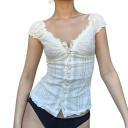 Camiseta de mujer blanca lisa con encajes con botones tirantes anchos escote en V material poliéster algodón top elegante 1