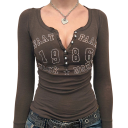 Camiseta de mujer con cuello profundo y botones, estampado de 1986, estilo retro, estilo urbano, corte entallado, manga larga, estilo elegante para el día a día. 4