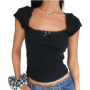 Camiseta de mujer con ribete de encaje Top corto con lazo Blusa elegante de manga corta Top sexy ajustado con escote cuadrado 2