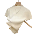 Camiseta de punto para mujer de algodón y poliéster con manga corta Camiseta de punto de un solo color con escote en O Estilo elegante y cómodo 7