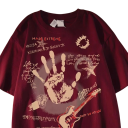 Camiseta feminina com estampa de guitarra e mão Top de streetwear com mangas curtas Decote redondo Estilo rockeiro moderno para lazer 4