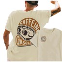 Camiseta masculina com estampado castanho de capacete de motociclista e inscrição Caffeine & Gasoline nas costas e no peito com mangas 6