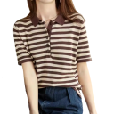Camiseta polo de mujer de manga corta con diseño a rayas Escote en V con cuello y botones Top de verano de algodón 6