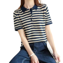 Camiseta polo de mujer de manga corta con diseño a rayas Escote en V con cuello y botones Top de verano de algodón 3