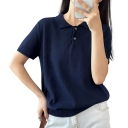 Camiseta polo de mujer de manga corta en color sólido con escote en V, cuello y botones, top de algodón 6