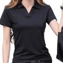 Camiseta polo de mujer de manga corta en color sólido con escote en V y cuello Top de poliéster ligero para uso diario 4