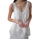 Camiseta sin mangas para mujer de un solo color con encajes, tirantes anchos, escote en V, material poliéster, elegante top de verano 4
