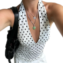 Camiseta sin mangas para mujer de un solo color con lunares, tirantes anchos alrededor del cuello, escote en V, material de poliéster y spandex, top elegante 2