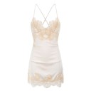 Camisola de dormir feminina com brilho satinizado Renda bege nos copos e na bainha inferior Alças finas Costas abertas com entrelaçado 1