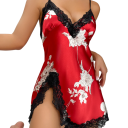 Camisola de dormir feminina com padrão floral e renda Camisola elegante de uma só cor com decote em V Racha Poliéster leve Várias cores 4