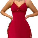 Camisola de dormir feminina com renda e fenda Camisola elegante de uma só cor com decote em V Poliéster leve Roupa de dormir confortável 7