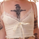 Camisola de Senhora Branca com Rendas e Laços Alças Finas Decote em V Material Poliéster Algodão Top Elegante de Verão para Mulheres 5