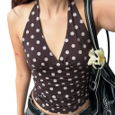 Camisola de Senhora Lisa com Bolinhas Alças Largas Decote em V Material Poliéster Spandex Top Elegante 8