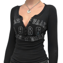 Camisola feminina com decote profundo e botões Estampado 1986 Estilo retro Streetwear Corte slim Manga longa Moda diária estilosa 2