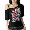 Camisola feminina com ombro à mostra Corte solto Estampagem estilosa Motivação streetwear Top da moda com decote assimétrico Moda informal 1