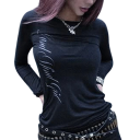 Camisola justa de mulher com mangas longas Material elástico suave Estampado elegante nas costas Top confortável para o trabalho e lazer 1