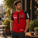 Camisola vermelha masculina sem número com mangas raglan pretas e parte triangular sob o pescoço em estilo de corrida de motociclismo 5