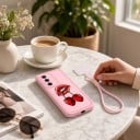 Capa com padrão de cerejas para Samsung Galaxy S25 Capa de silicone com alça para pulso Capa de telefone com moldura para a câmara 13
