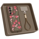 Capa de silicone com alça para pulso Samsung Galaxy A57 Resistente Motivo de cerejas e laços rosa Castanho Proteção da câmara Capa para telemóvel 3