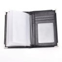 Capa de viagem para documentos e cartões em pele PU preta com cantos prateados Compartimentos transparentes e bolsa removível Dimensões 14,2 x 9,8 cm 5