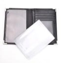 Capa de viagem para documentos e cartões em pele PU preta com cantos prateados Compartimentos transparentes e bolsa removível Dimensões 14,2 x 9,8 cm 6