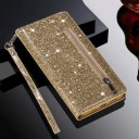 Capa flip brilhante para Samsung Galaxy S24 com bolso com fecho e compartimento para cartões com alça de pulso Material em couro PU Capa 2
