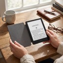 Capa flip castanha de 6 polegadas para Kindle 10. geração 2019 com ilustração de uma rapariga numa biblioteca cheia de livros antigos com alça 3