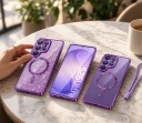 Capa para Samsung Galaxy S24 S com parte brilhante removível Suporte para carregamento magnético Alça para pulso Capa de plástico 5