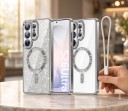 Capa para Samsung Galaxy S24 S com parte brilhante removível Suporte para carregamento magnético Alça para pulso Capa de plástico 8