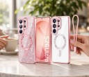 Capa para Samsung Galaxy S24 S com parte brilhante removível Suporte para carregamento magnético Alça para pulso Capa de plástico 14
