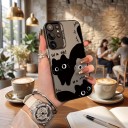 Capa resistente com gatos para Samsung Galaxy A35 5G Ultra fina Acabamento mate Costas cinzentas com gatos pretos desenhados Protetor de câmara 3